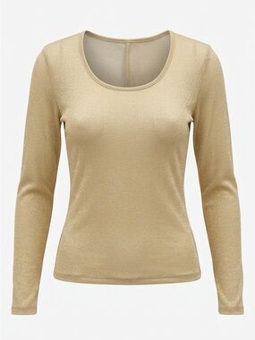 Long Sleeve Shimmer Scoop Neck Top - Gold